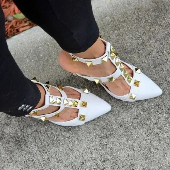 Women's White Rockstud Ankle Strap Pump