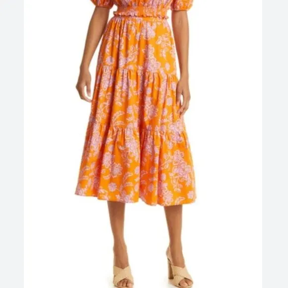 XiRENA -1918 Women's Angeline Tiered Poplin Midi Skirt Orange NWOT Size Large
