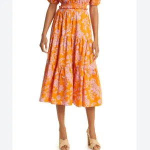 XiRENA -1918 Women's Angeline Tiered Poplin Midi Skirt Orange NWOT Size Large