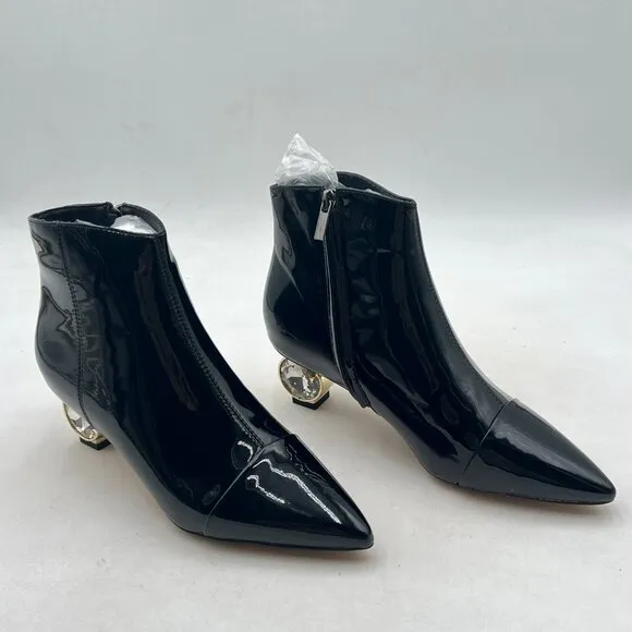 XYD Black Crystal Low Heel Ankle Boots Pointed Toe Shoes Side Zipper Prom Boot