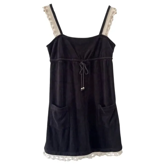Y2K Juicy Couture Black French Terry Mini Dress Swim Cover Up Sundress Vintage