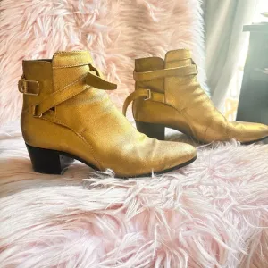 Yves Saint Laurent Gold Ankle Boots with Buckle Straps