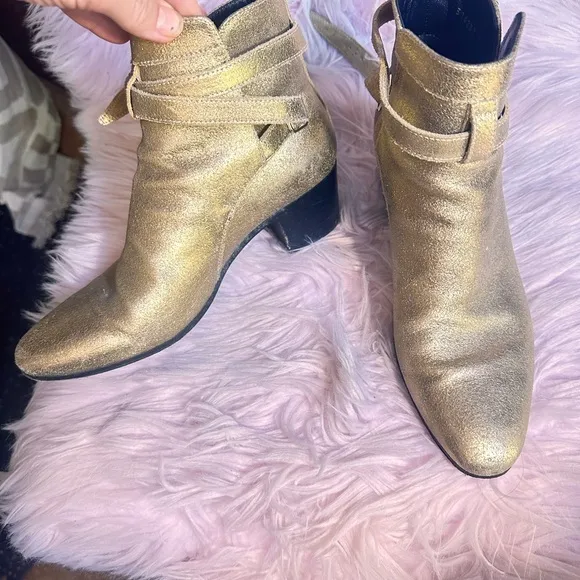 Yves Saint Laurent Gold Ankle Boots with Buckle Straps