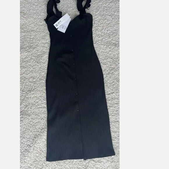 ZARA Black Button-Down Ruffled Sleeve Dress Size Small NWOT