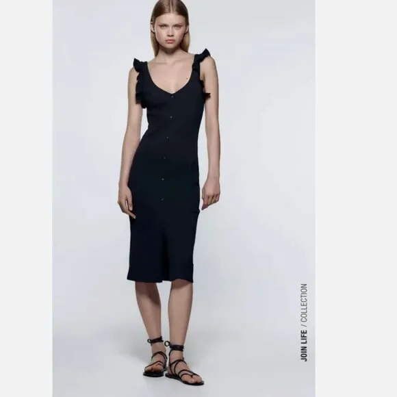 ZARA Black Button-Down Ruffled Sleeve Dress Size Small NWOT