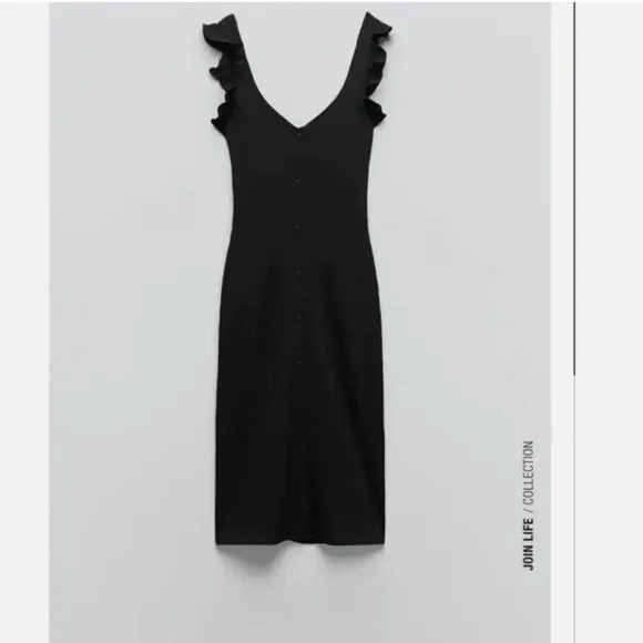 ZARA Black Button-Down Ruffled Sleeve Dress Size Small NWOT