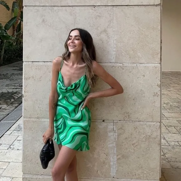 Zara * Bloggers Favorite TikTok Viral green wavy satin drape front dress Mini L