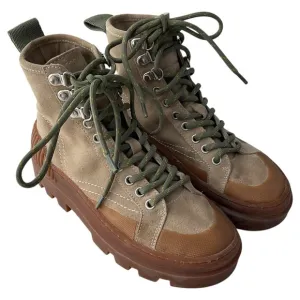 Zara Green and Tan Chunky Lace-up Combat Boots Size EU35