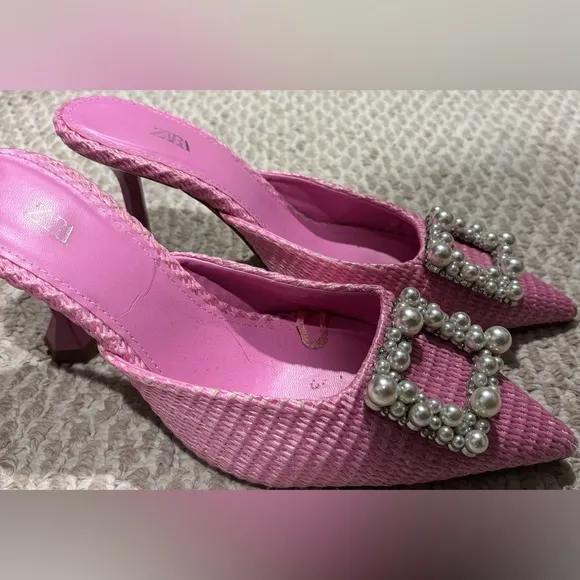 Zara Pink High Heel Pointed Toe Mule Shoes with Faux Pearl Beads Size 41