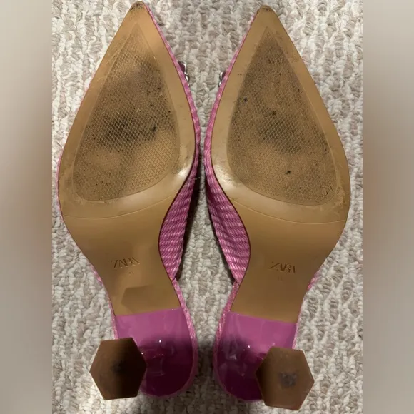 Zara Pink High Heel Pointed Toe Mule Shoes with Faux Pearl Beads Size 41