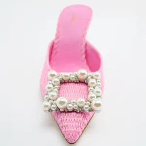 Zara Pink High Heel Pointed Toe Mule Shoes with Faux Pearl Beads Size 41