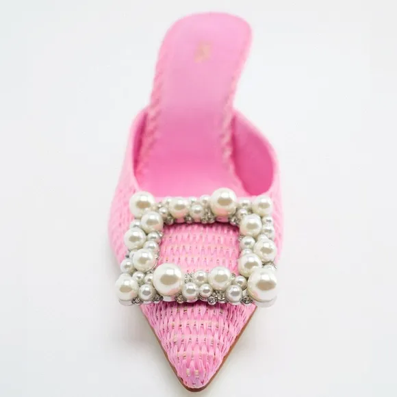Zara Pink High Heel Pointed Toe Mule Shoes with Faux Pearl Beads Size 41
