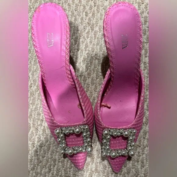 Zara Pink High Heel Pointed Toe Mule Shoes with Faux Pearl Beads Size 41