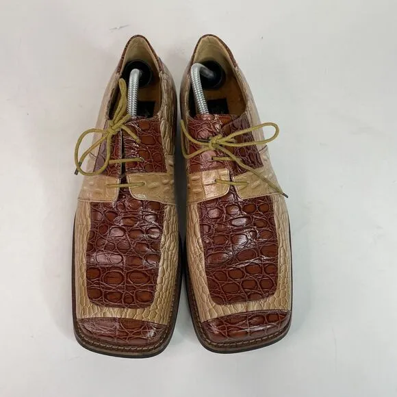 Zota Mens Alligator Oxford Shoes, Size 11, Tan/Brown, Square Toe, Leather 5038