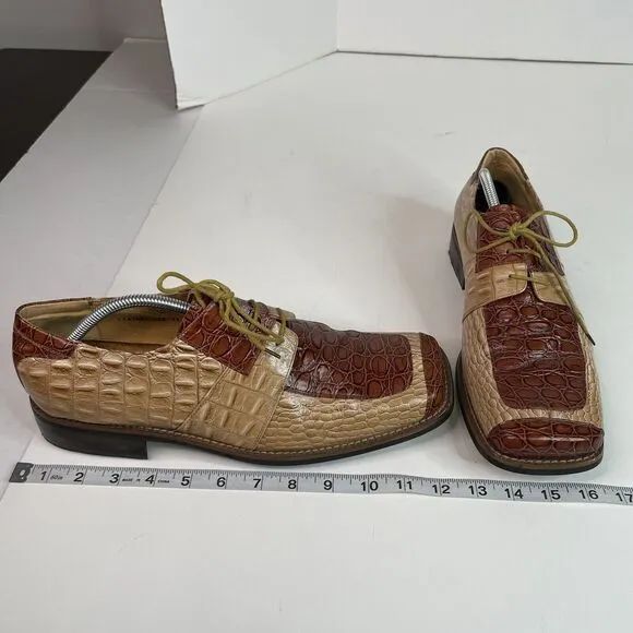 Zota Mens Alligator Oxford Shoes, Size 11, Tan/Brown, Square Toe, Leather 5038