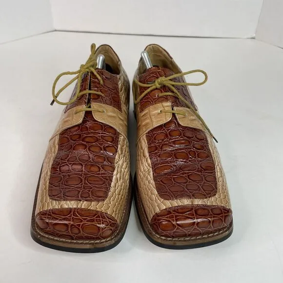 Zota Mens Alligator Oxford Shoes, Size 11, Tan/Brown, Square Toe, Leather 5038