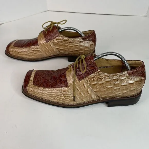 Zota Mens Alligator Oxford Shoes, Size 11, Tan/Brown, Square Toe, Leather 5038